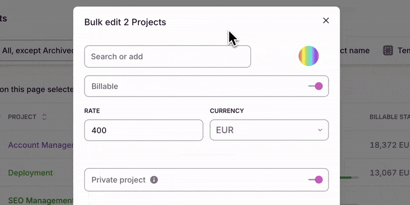 Gif of editing manager level for projects in bulk in Toggl Track