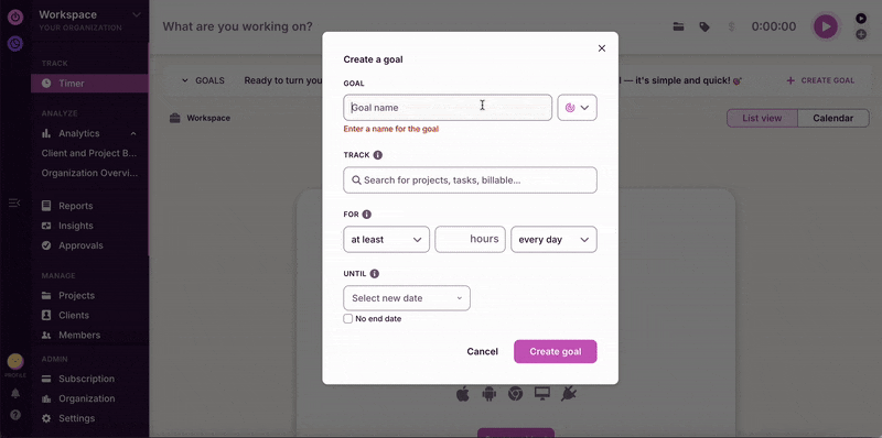 Creating a goal to track more billable hours weekly