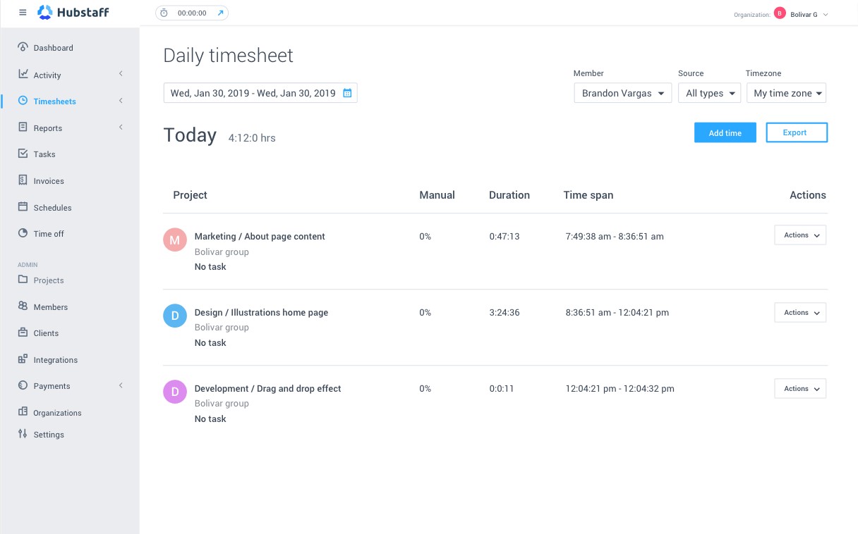Hubstaff time tracking dashboard