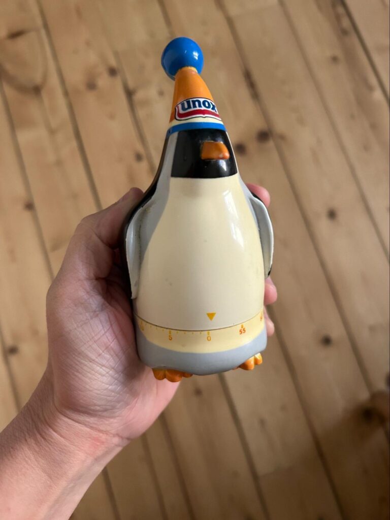 photograph of author's kitchen timer in the shape of a penguin with a wooly hat on