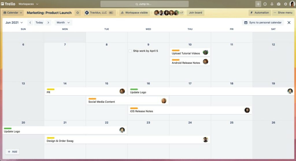 Trello's calendar view