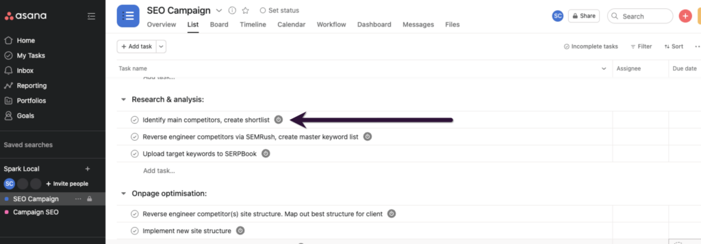 Asana dashboard with Toggl Track integration active