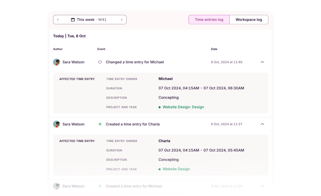 A screenshot of Toggl Track's audit log page, where it shows records of an admin modifying time entries