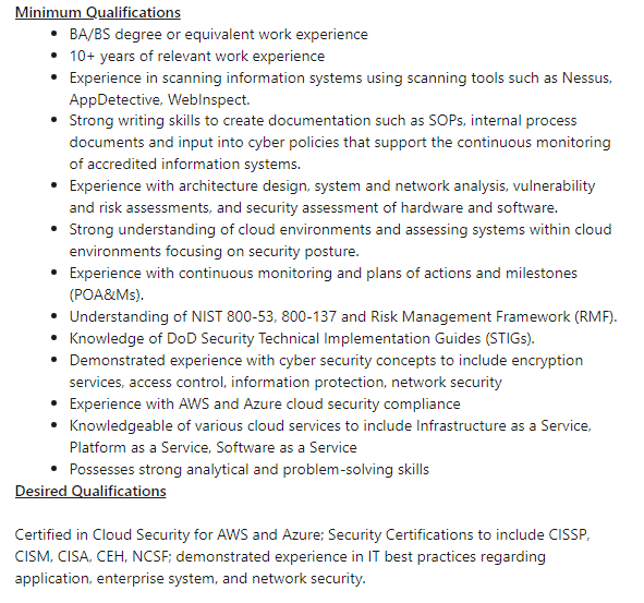 Job requirements example