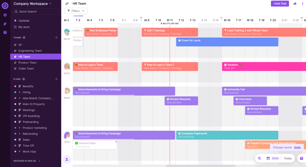 A screenshot showing the Team Timeline feature in Toggl Plan.