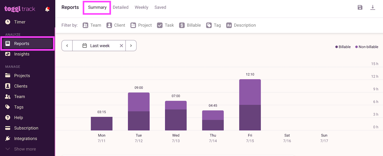 Screenshot of Toggl Track.