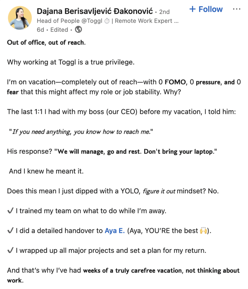 Dajana quote about time off policy at Toggl