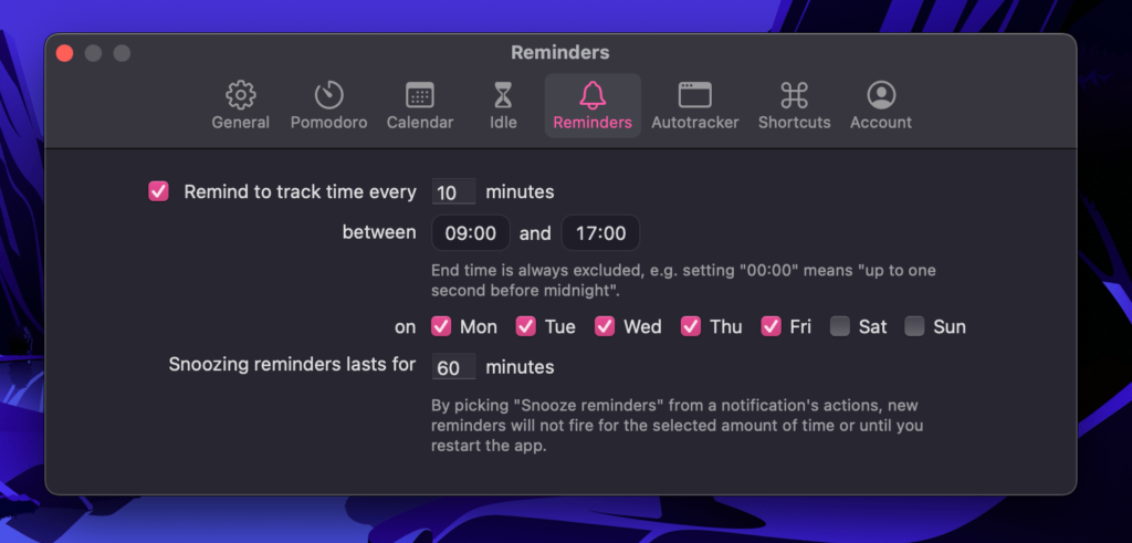 Setting reminders in the Toggl Track desktop app