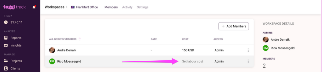Adding labor costs in Toggl Track