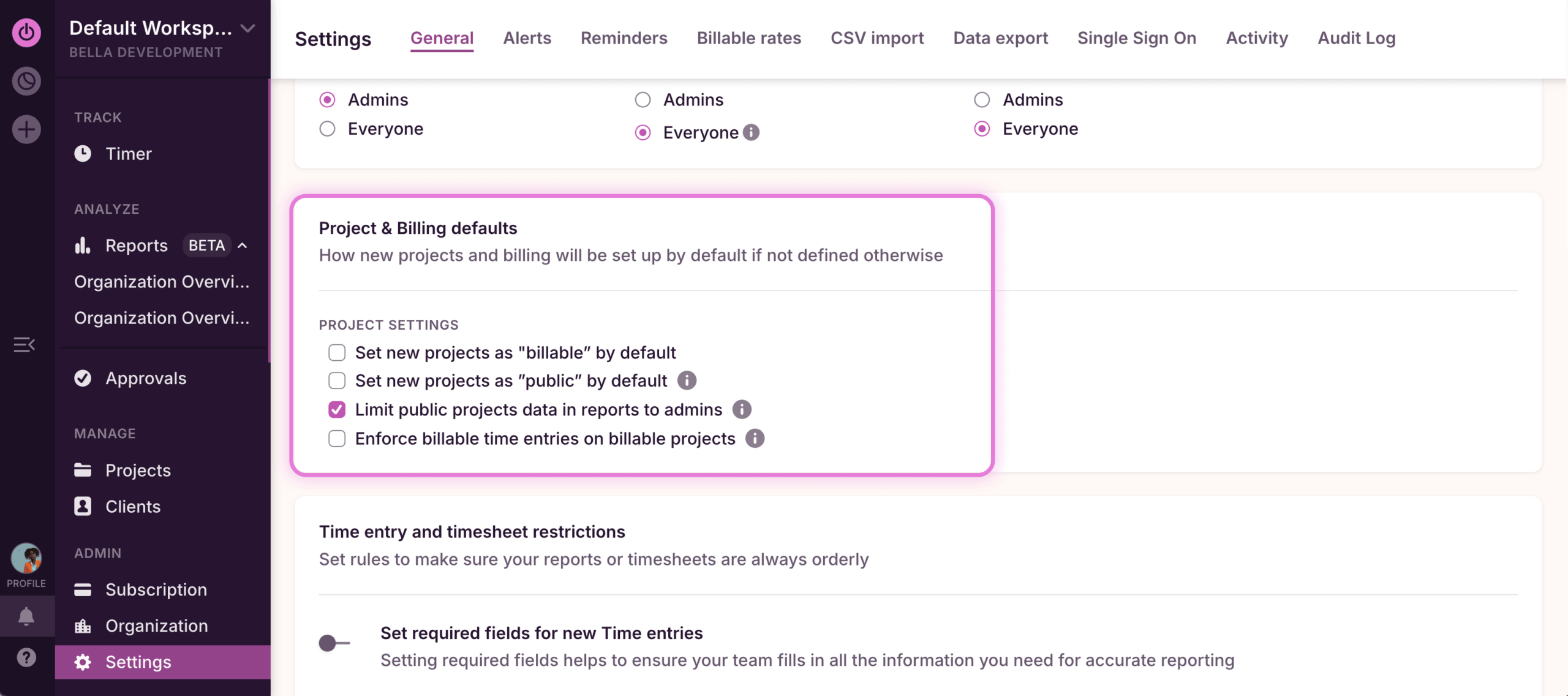 Toggl Track settings page, showing the feature: limiting public project data to admins only