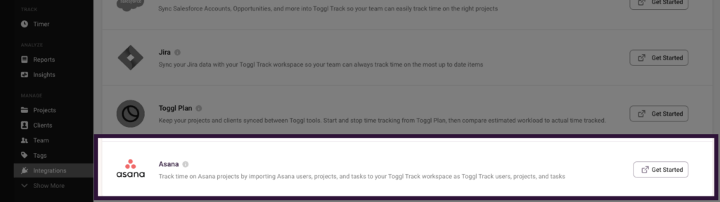 Choosing Asana integration in Toggl Track