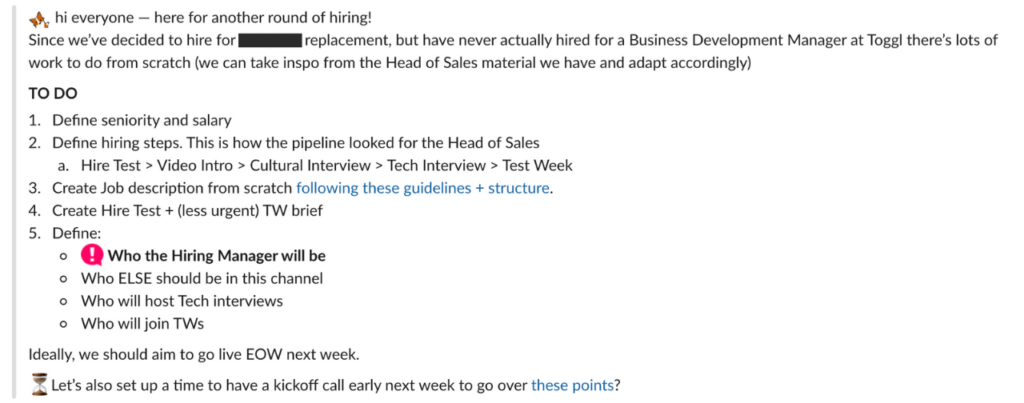 A screenshot of a Slack conversation between Toggl's talent manager and department heads. It shows the step-by-step process involved in planning a job role listing, including creating a job description and custom hire test