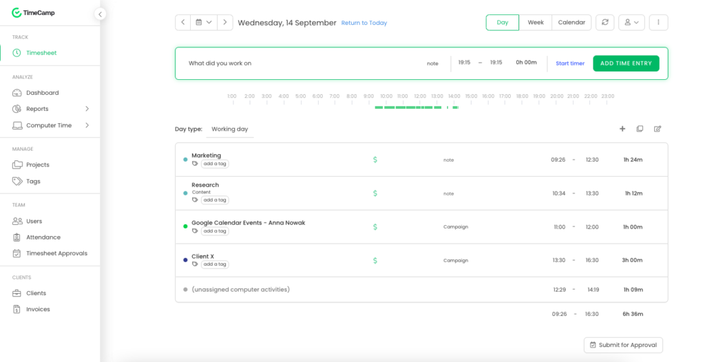 TimeCamp day timesheet