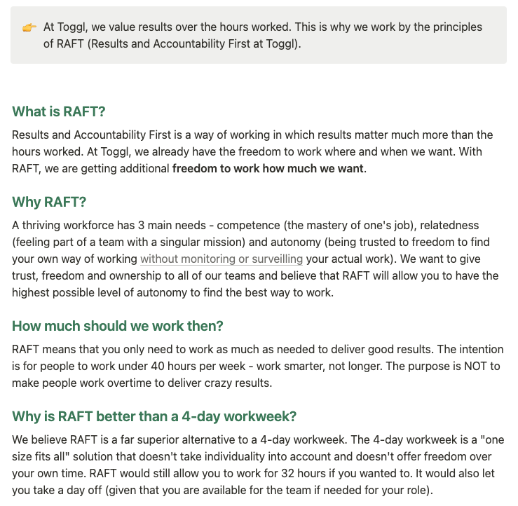 Toggl RAFT policy