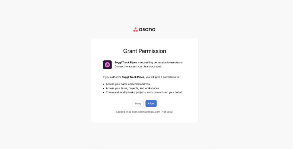 Toggl Track and Asana time tracking integration permission page