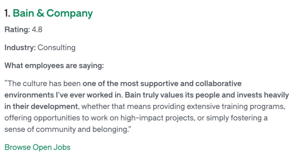 Bain and Company show great care for their people and are rewarded with a superb employer brand.